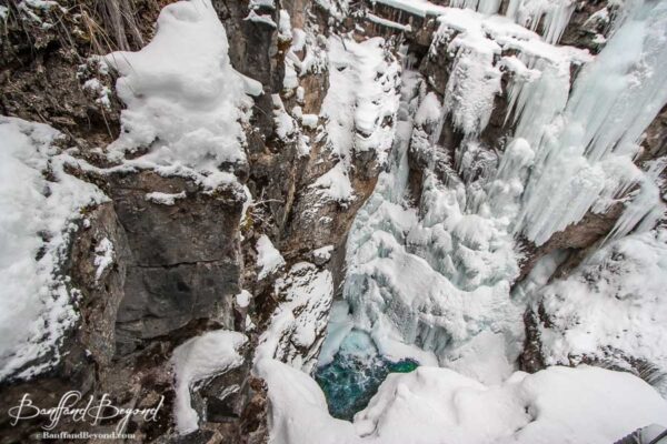 view of beautiful ice covered johnston canyon