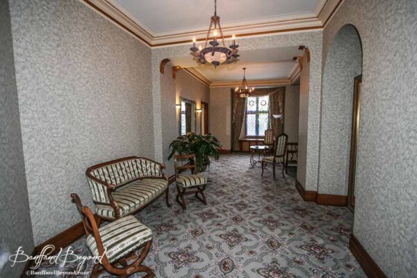 large sitting lounge area inside a womens washroom in the banff springs hotel