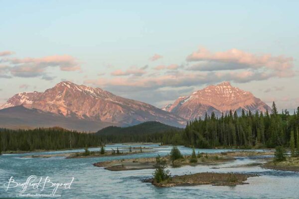athabasca river and views of mountains in jasper