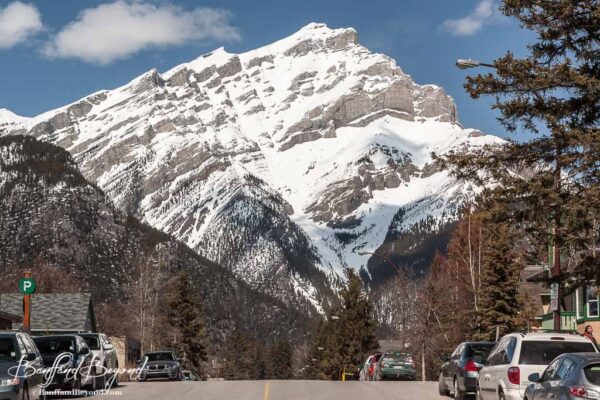 view of cascade mountain from downtown banff