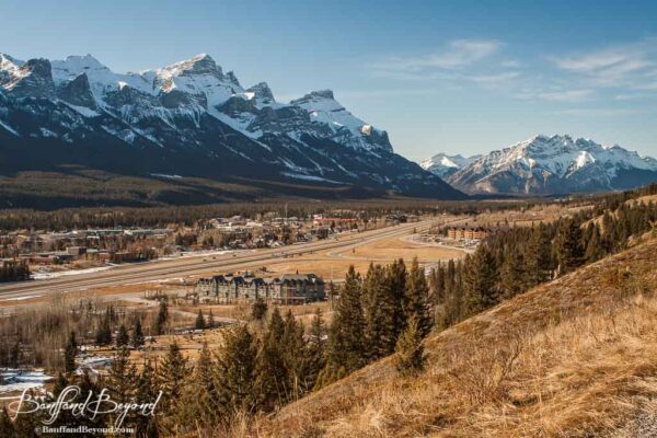 view overlooking mountains and town of canmore alberta